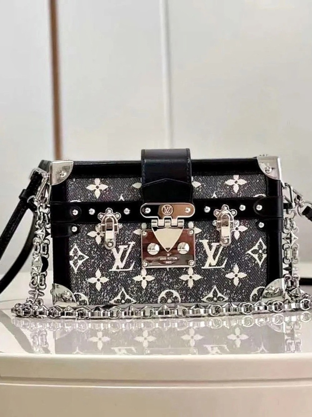 New Louis Vuitton Petite Malle Monogram Jacquard Denim Petite Purse Bag Black
